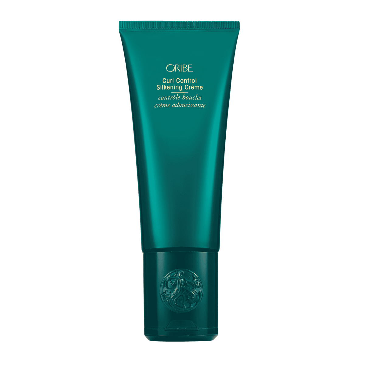 Oribe Curl Control Silkening Crème full size 5 oz tube in metallic emerald green packaging, shown upright from the front on white