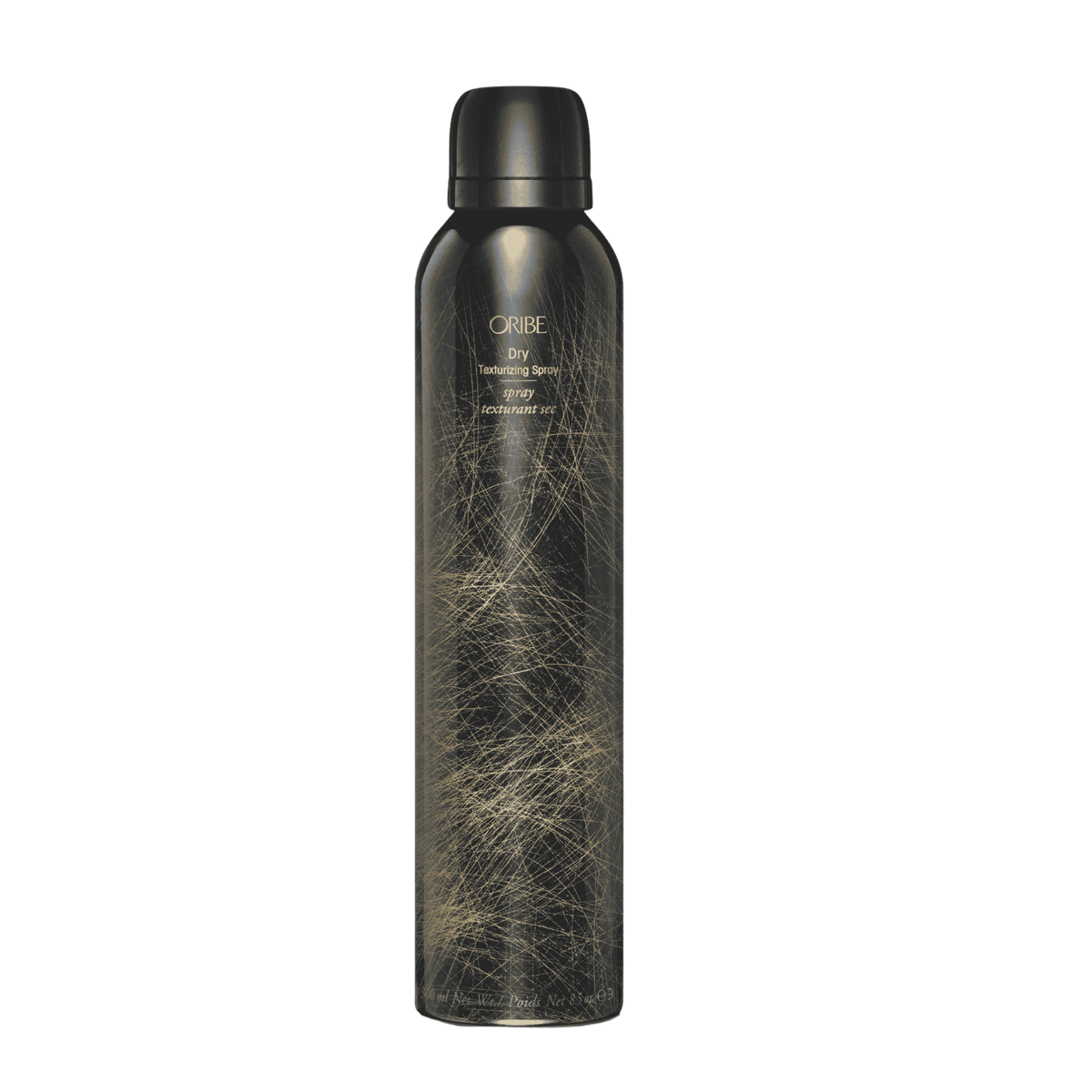 Oribe Dry Texturizing Spray standard 8.5 oz black aerosol can with fine gold linework, shown capped and upright from the front