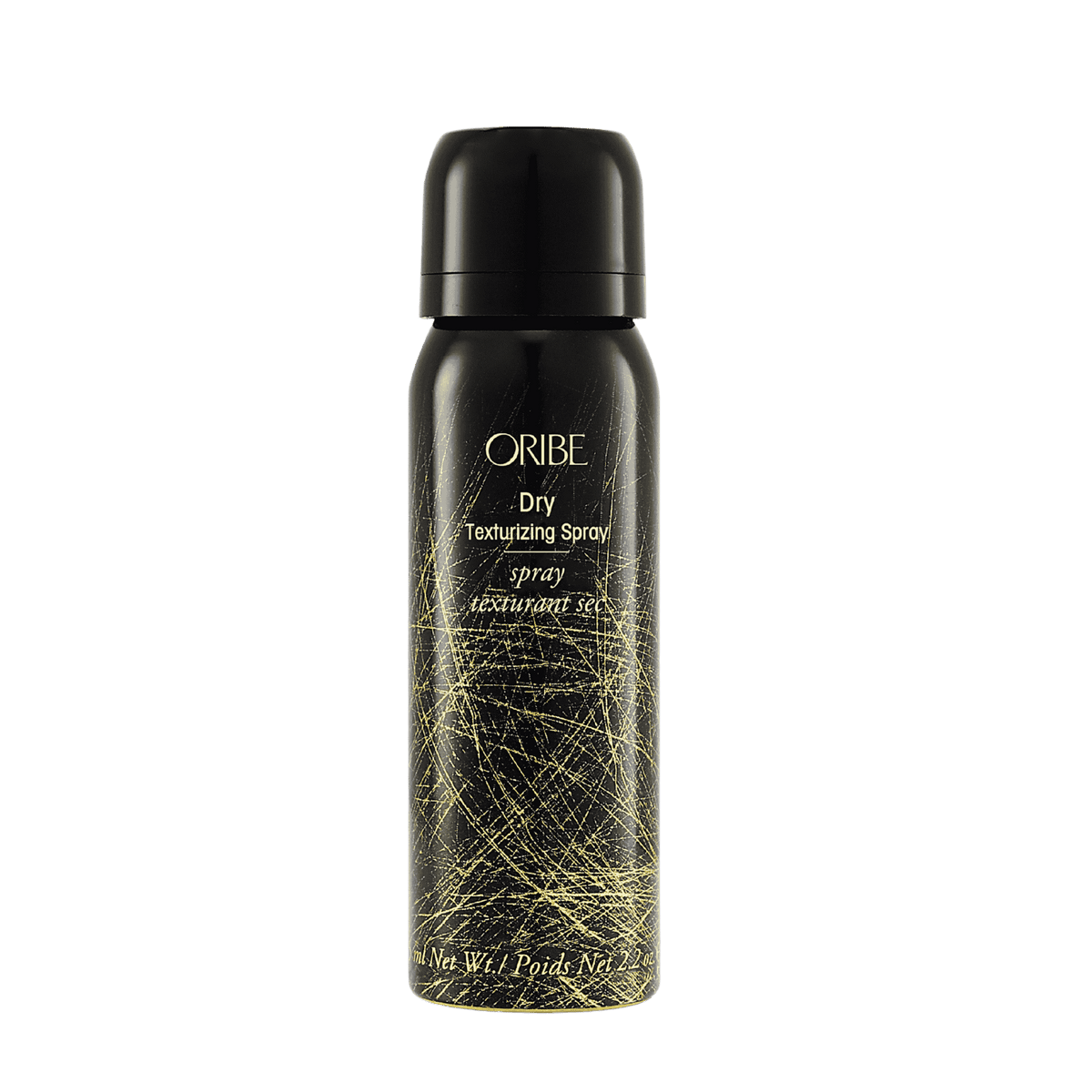 Oribe Dry Texturizing Spray travel 2.1 oz black aerosol can with fine gold linework, shown capped and upright from the front
