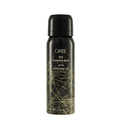 Oribe Dry Texturizing Spray travel 2.1 oz black aerosol can with fine gold linework, shown capped and upright from the front