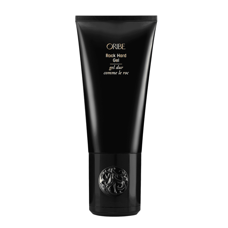 Oribe Rock Hard Gel full size 3.4 oz black tube with gold lettering, shown upright from the front
