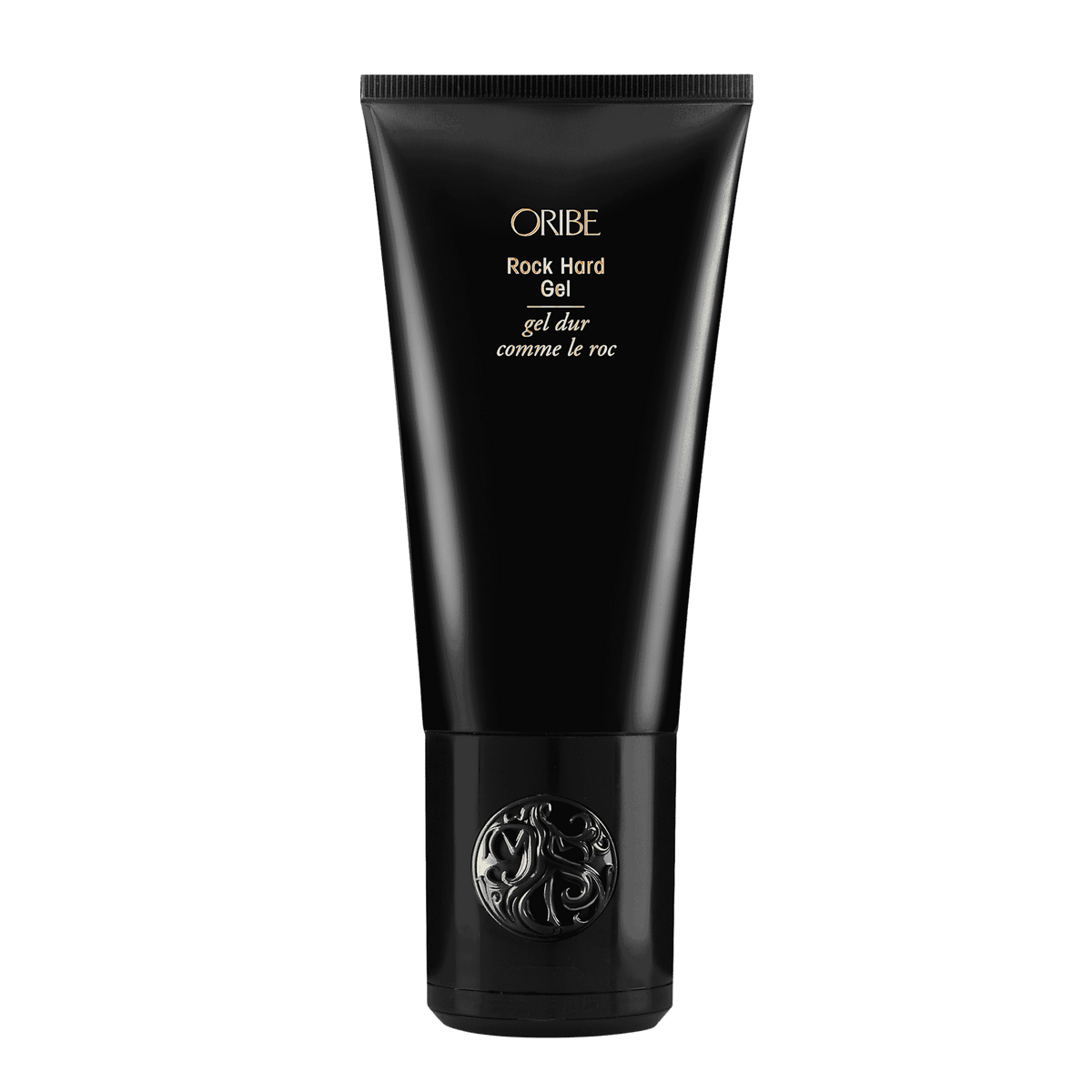 Oribe Rock Hard Gel full size 3.4 oz black tube with gold lettering, shown upright from the front