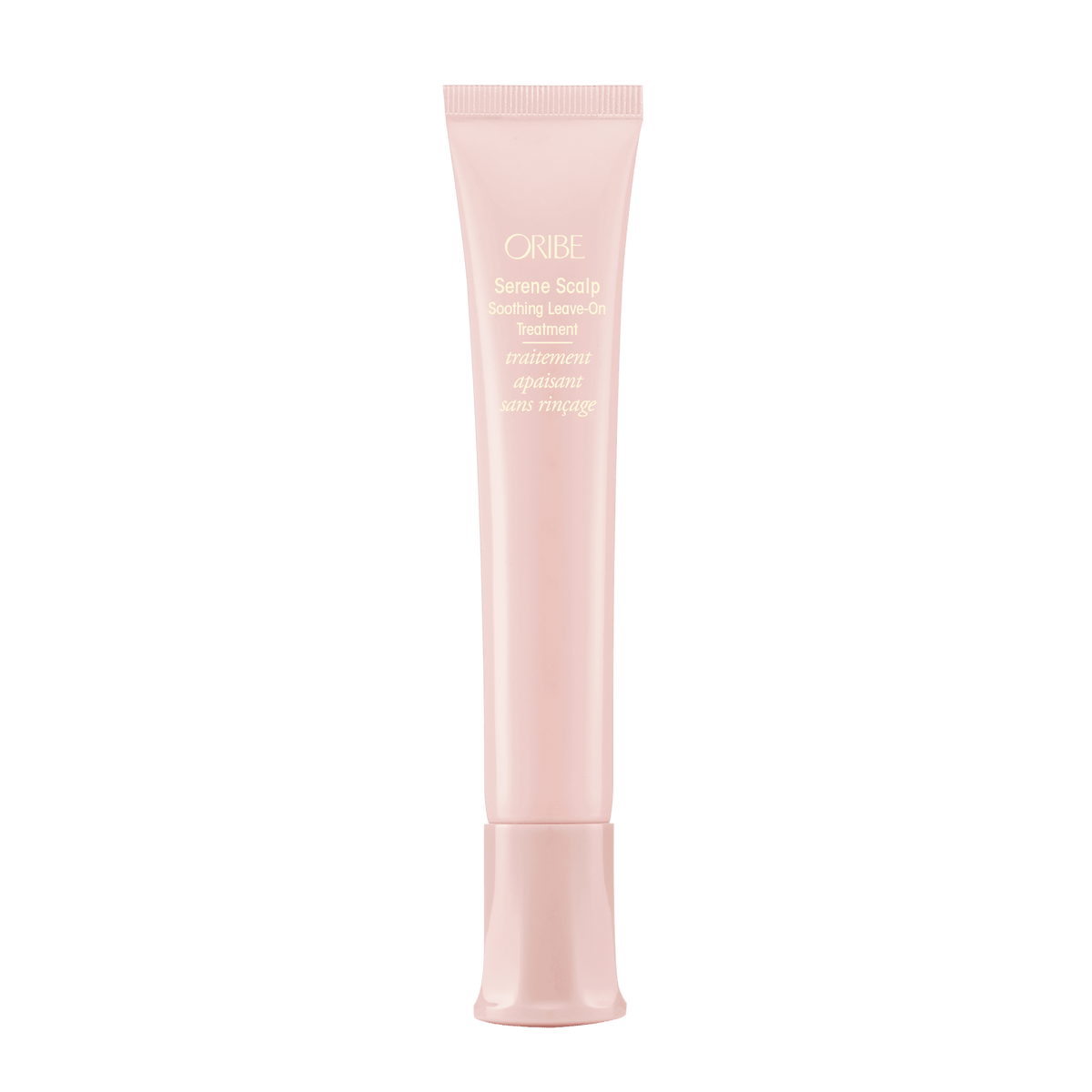 Oribe Serene Scalp Soothing Leave-On Treatment 1.7 oz in a pale pink tube, shown upright from the front on white