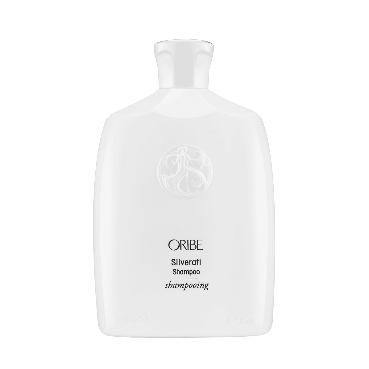 Oribe Silverati Shampoo 8.5 oz in its sculpted white bottle with embossed crest, shown upright from the front on white