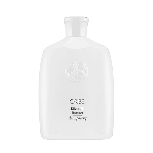 Oribe Silverati Shampoo 8.5 oz in its sculpted white bottle with embossed crest, shown upright from the front on white