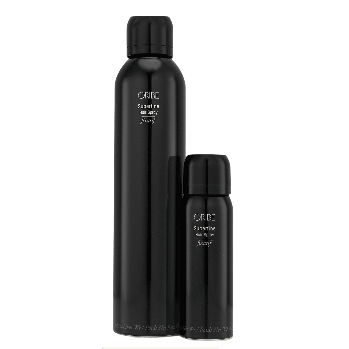 Oribe Superfine Hair Spray in full size 9 oz and travel size 2.2 oz bottles