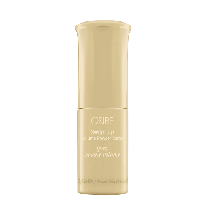 Oribe Swept Up Volume Powder Spray 0.21 oz in a pale gold pump bottle, shown upright from the front