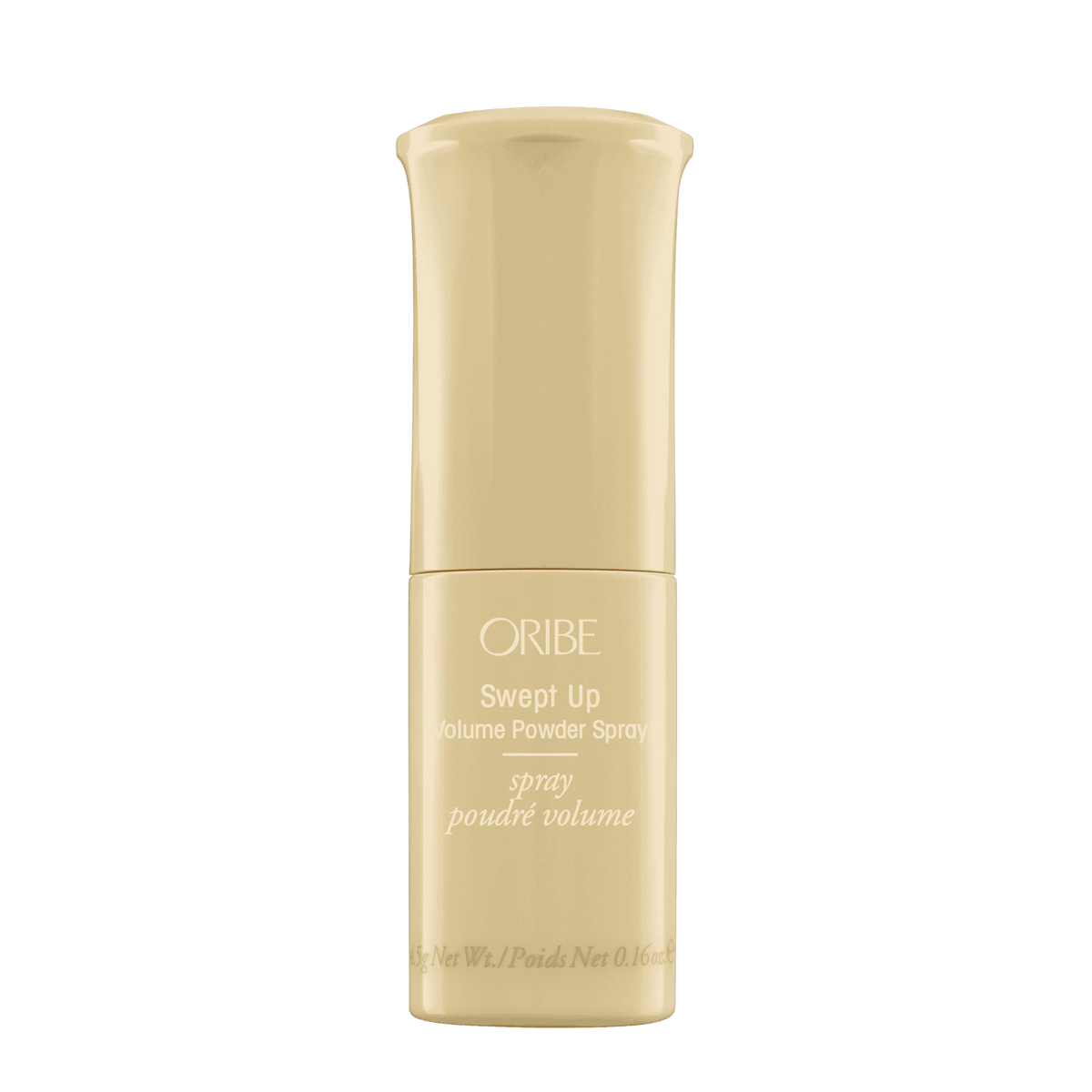 Oribe Swept Up Volume Powder Spray 0.21 oz in a pale gold pump bottle, shown upright from the front