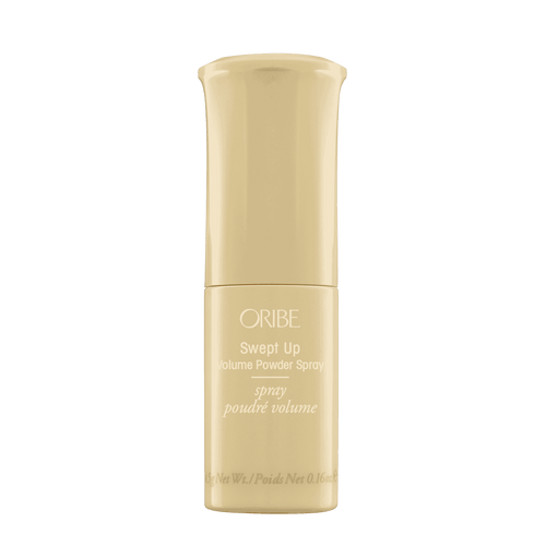 Oribe Swept Up Volume Powder Spray 0.21 oz in a pale gold pump bottle, shown upright from the front