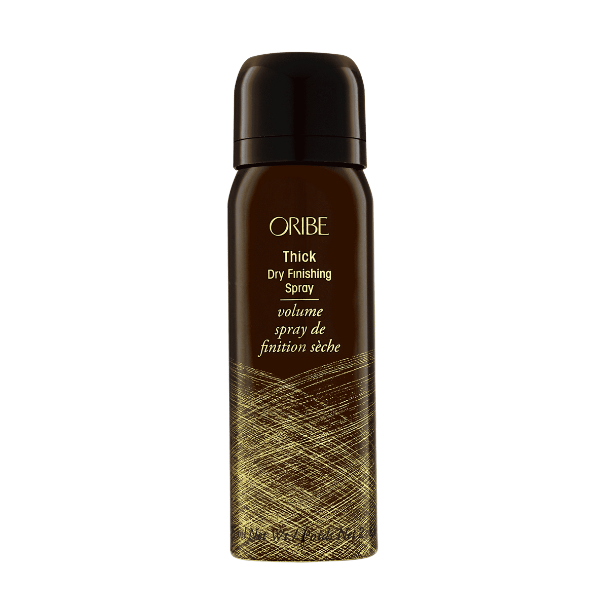 Oribe Thick Dry Finishing Spray travel 2.2 oz bronze aerosol can with intricate gold linework, shown capped and upright from the front