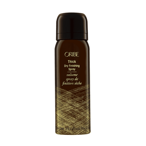Oribe Thick Dry Finishing Spray travel 2.2 oz bronze aerosol can with intricate gold linework, shown capped and upright from the front