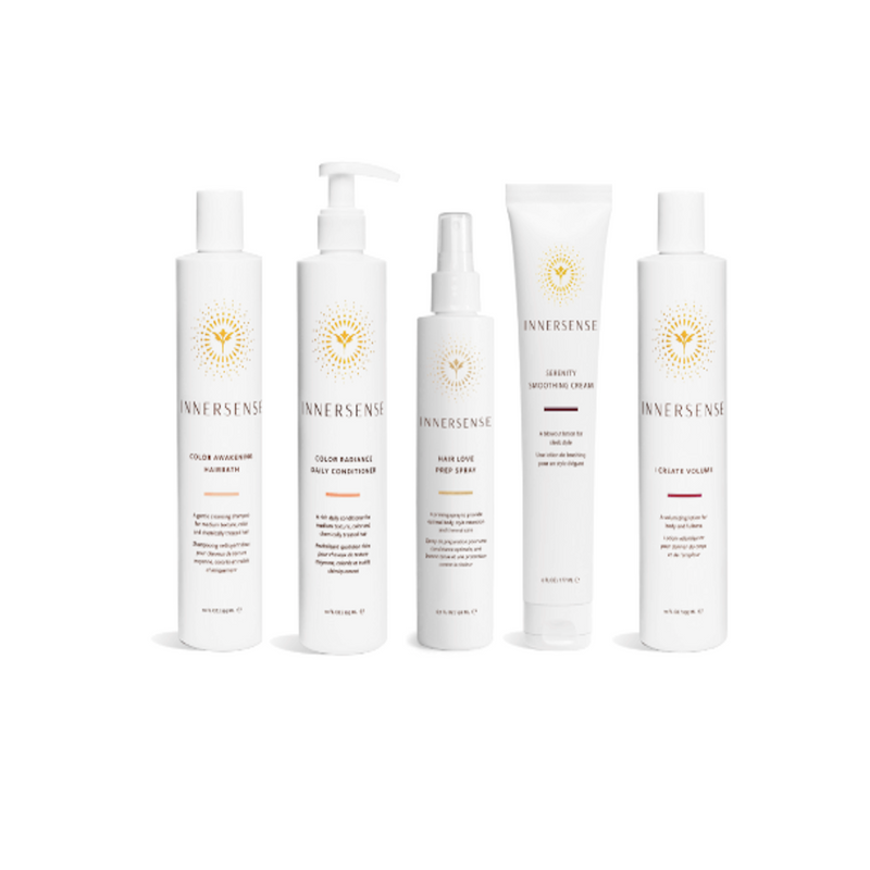 Innersense - BLOWOUT HAIR CEREMONY BUNDLE. Color Awakening Hairbath Shampoo bottle with flip cap (10 oz.), Color Radiance Daily Conditioner bottle with pump (10 oz.), Hair Love Prep Spray bottle with spray mist pump non-aerosol (6.7 oz.), Serenity Smoothing Cream bottle with flip cap bottom, I Create Volume bottle with disc top