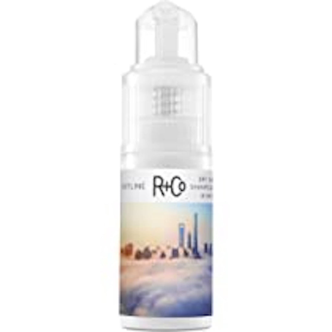 R+Co - Skyline Dry Shampoo Powder powder spray bottle with photo of cityscape