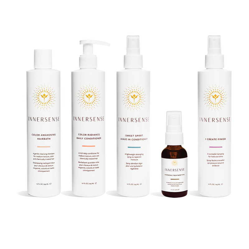 Innersense - Awaken Color Hair Ceremony Bundle. Color Awakening Hairbath (10 oz.)  bottle with disc cap, Color Radiance Daily Conditioner (10 oz.) bottle with pump top, Sweet Spirit Leave in Conditioner (10 oz.) with spray cap and lid (non-aerosol), Harmonic Healing Oil (1 oz.) dark brown glass bottle with pump top and lid, I Create Finish (10 oz.) hairspray bottle with fine mist cap and lid.