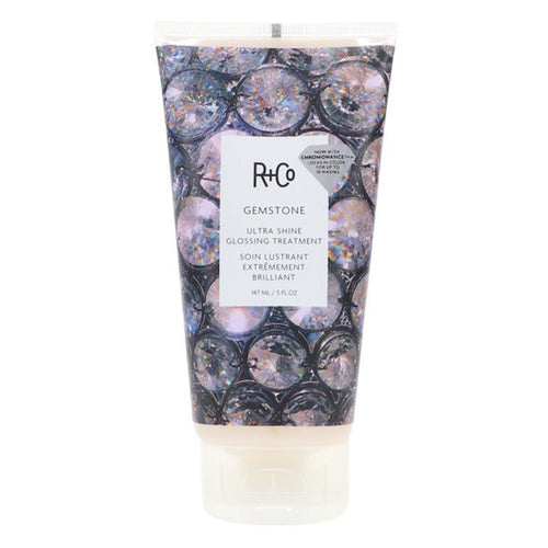 R+Co - GEMSTONE Masque bottle with flip top cap on bottom and jewel background graphics