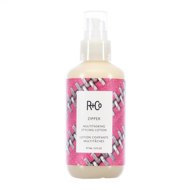 R+Co - Zipper bottle with pump top and clear lid. Pink and silver zipper background graphic