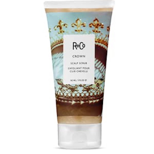 R+Co - Crown Scalp Scrub bottle with photo of crown as background