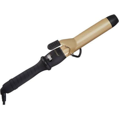 gold curling iron barrel with black handle, small screen to see temperature iron is set at, 3 black buttons to power on/off and adjust temperature up/down
