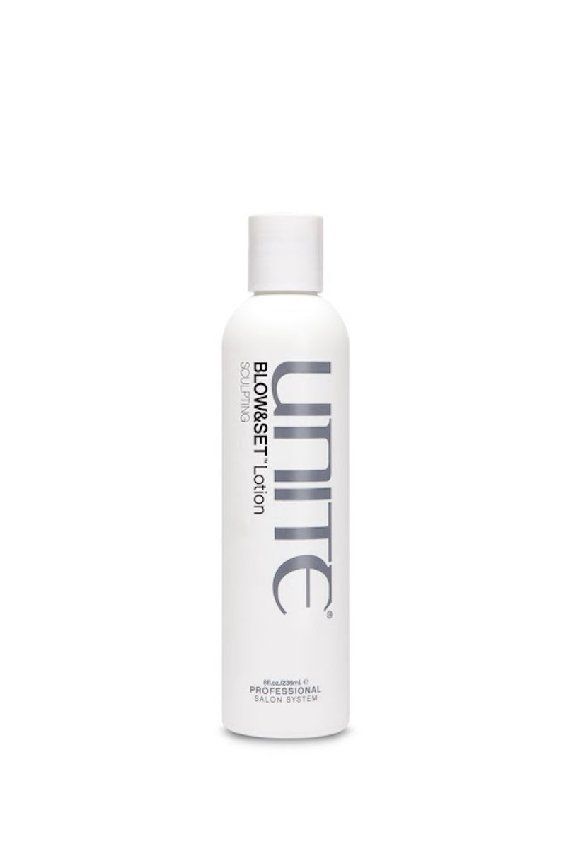 Unite - BLOW & SET Lotion white 8 oz. bottle with white cap.