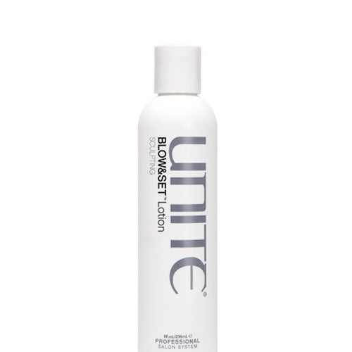Unite - BLOW & SET Lotion white 8 oz. bottle with white cap.