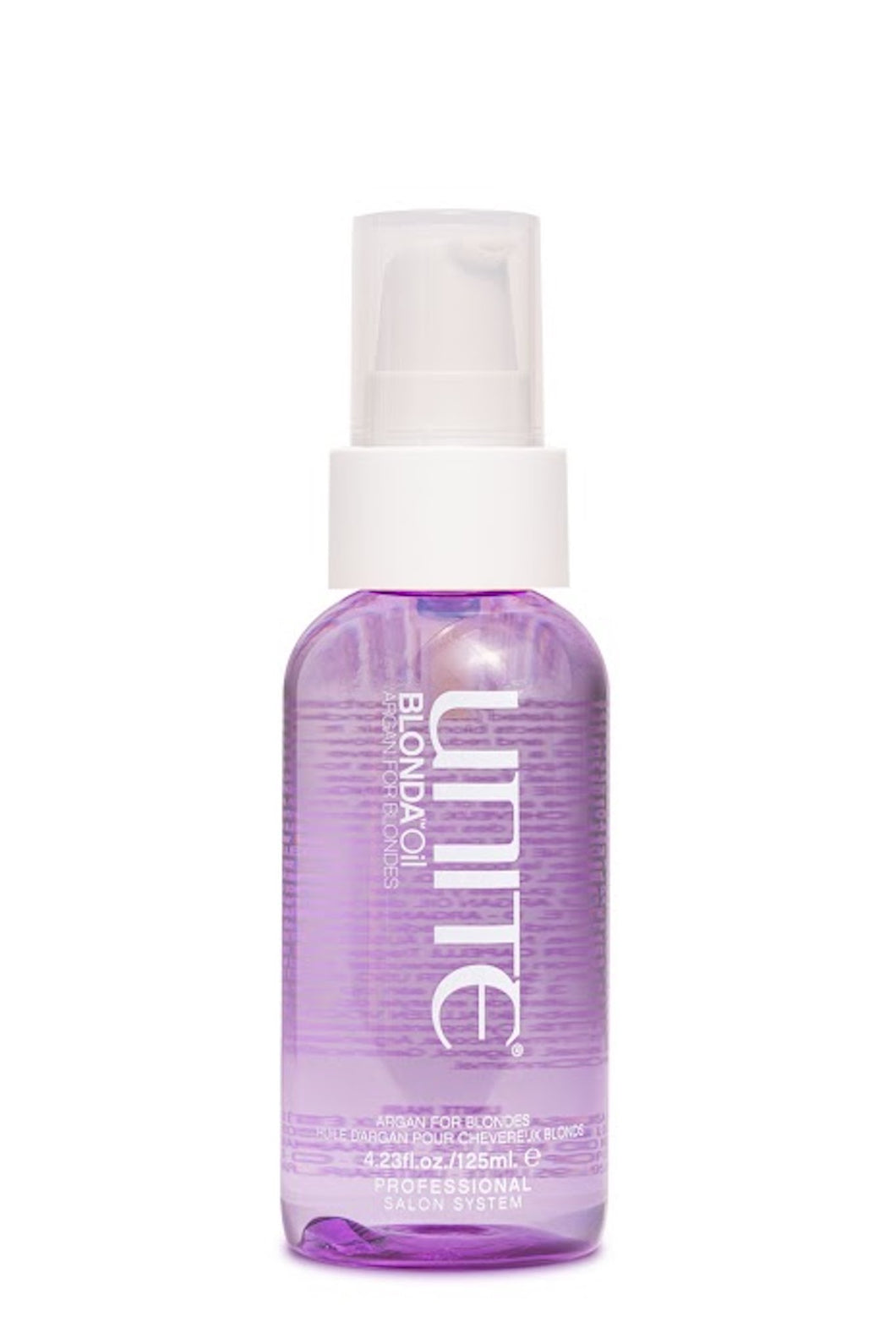 Unite - BLONDA Oil clear bottle with light purple oil. White pump top cap with lid.
