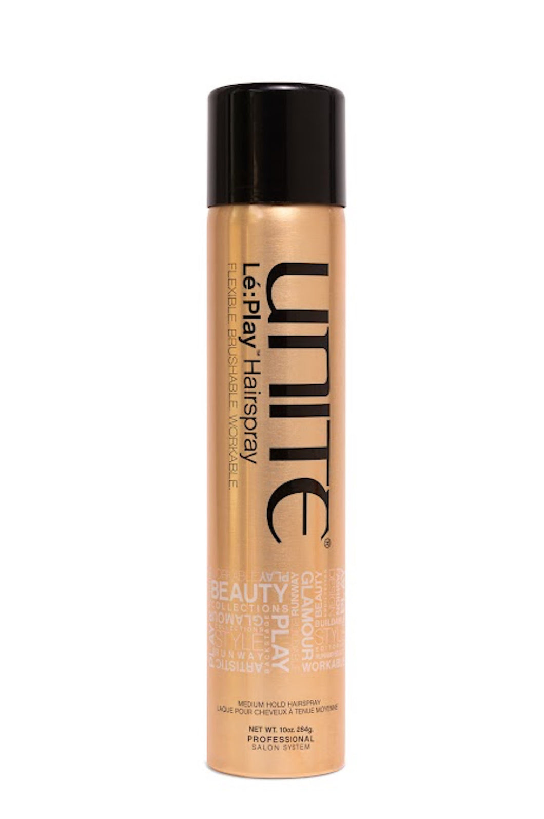 UNITE - LE:PLAY Hairspray in gold 10 oz. aerosol bottle with black top