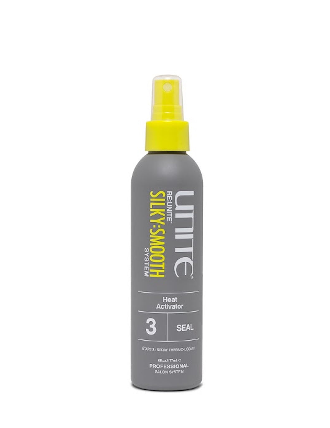 Unite - SILKY:SMOOTH Heat Activator grey bottle with yellow non-aerosol spray top