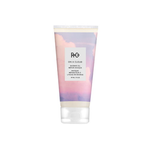 R+Co - Boabab Oil Repair Masque bottle with cotton candy pink and purple sky graphics
