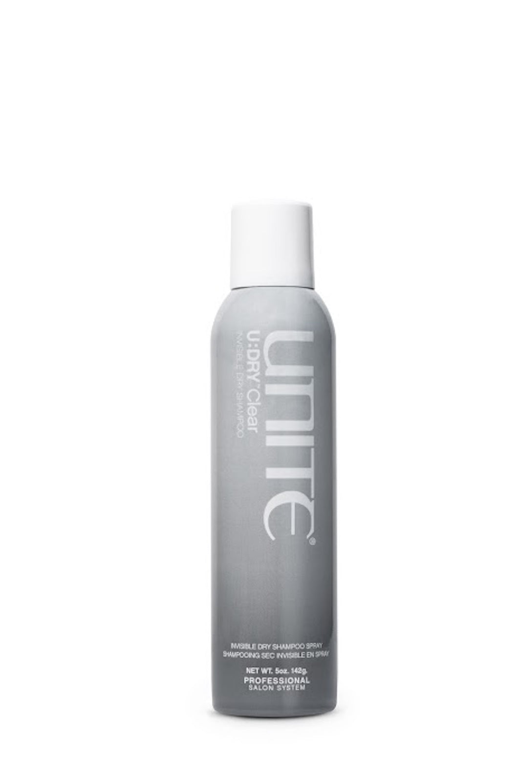 Unite - U:DRY Clear Dry Shampoo grey aerosol bottle with white cap.