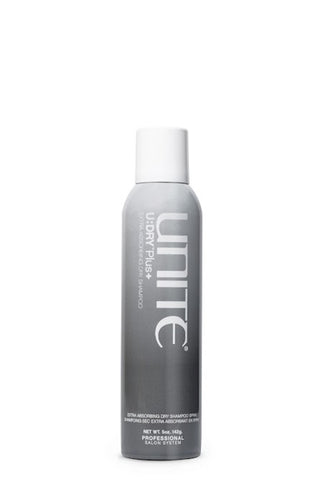 Unite - U:DRY Plus+ Shampoo grey aerosol bottle with white cap.