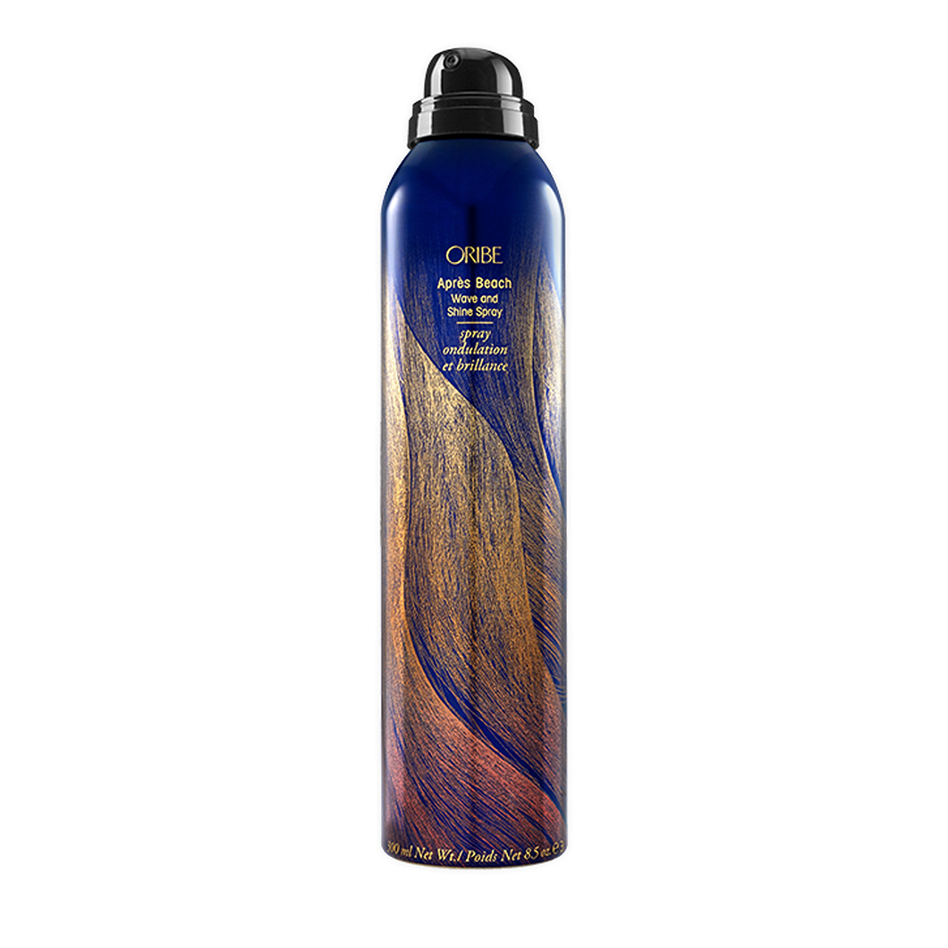 Oribe - Apres Beach Wave & Shine aerosol blue bottle with red and orange print and black top nozzle