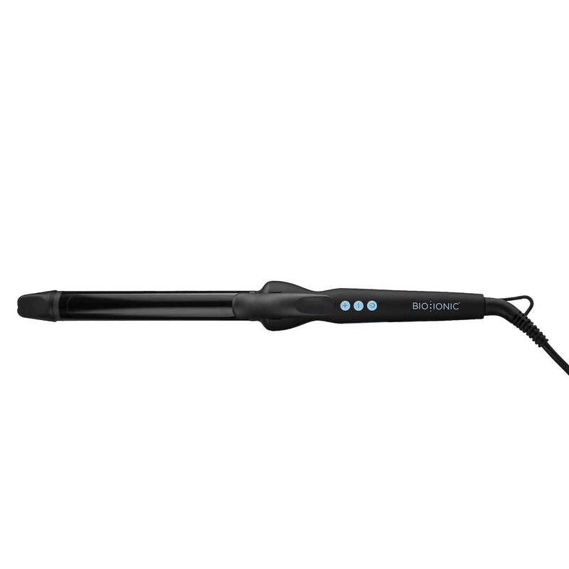 black curling iron with 6.25" barrel length, comes in 1" or 1.25" diameter, blue buttons on the handle to power on/off and adjust heat settings up or down