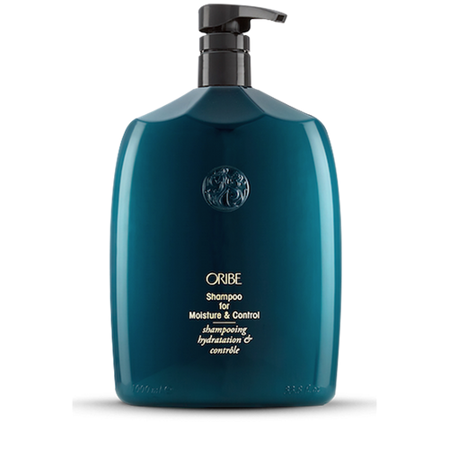 Oribe - Shampoo for Moisture & Control green liter sized bottle with gold lettering and black pump top