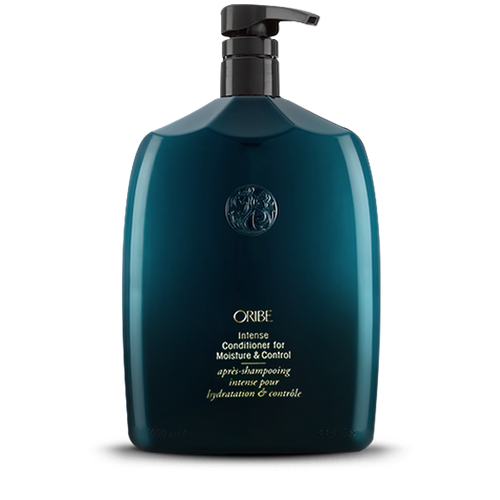 Oribe - Intense conditioner for moisture & control green rounded liter size bottle with gold lettering and black pump top