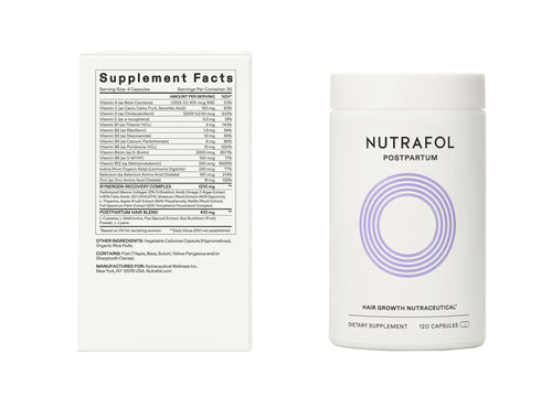 Nutrafol - Postpartum supplement white bottle with twist cap.