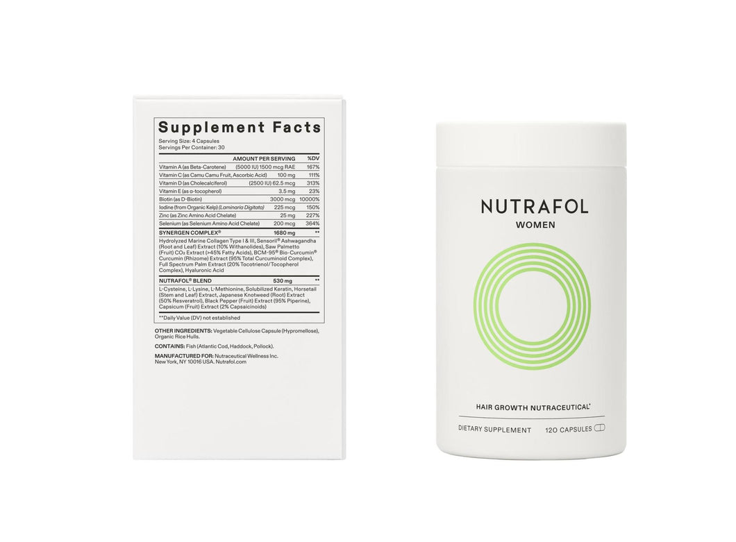 Nutrafol - Women supplement white bottle with twist top.