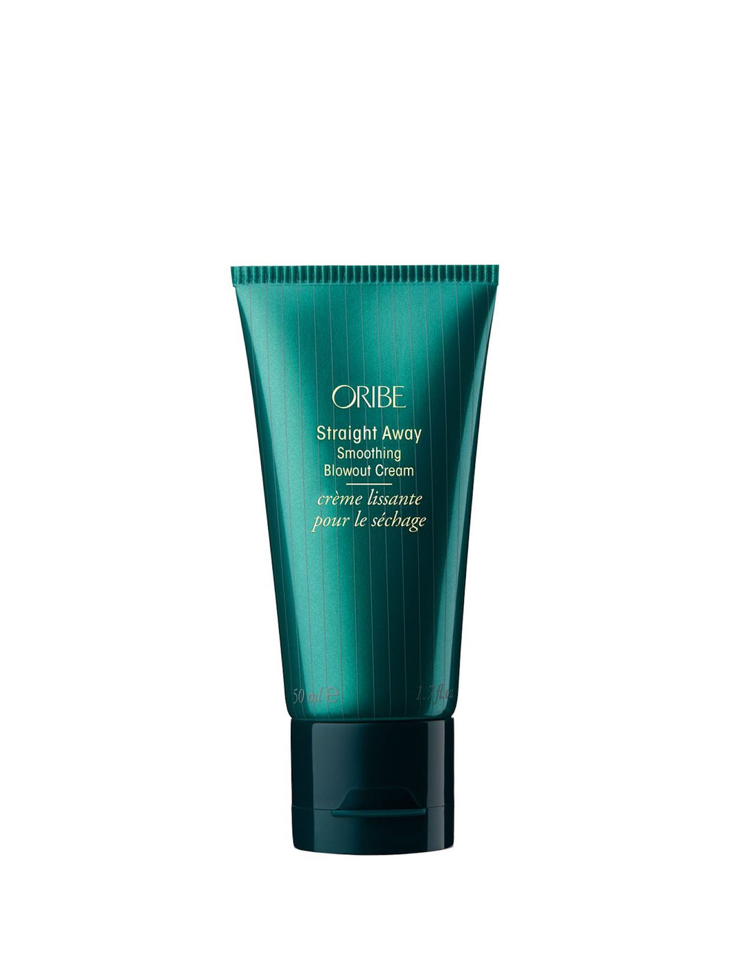 Oribe - Straight Away green bottle with thin gold stripes and lettering Travel size