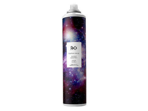 R+Co - Outer Space Hairspray aerosol bottle with space background graphic