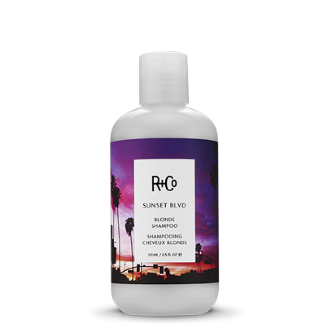 R+Co - SUNSET BLONDE Shampoo 8.5 oz bottle with purple graphic background 